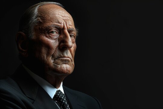 A solemn portrait of an older man captured in high contrast, highlighting his distinguished features and conveying an air of wisdom and experience