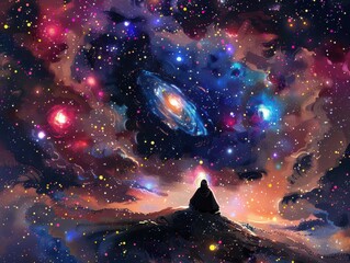 Cosmic Cartoon Character Surrounded by Stars and Galaxies