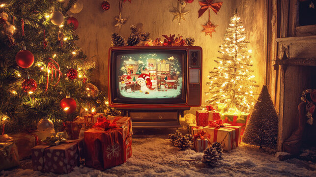Classic tv is showing a festive christmas program in a warm, holiday-decorated space