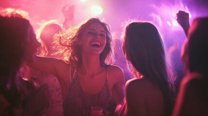 beautiful young woman in a nightclub dancing and smiling at the camera