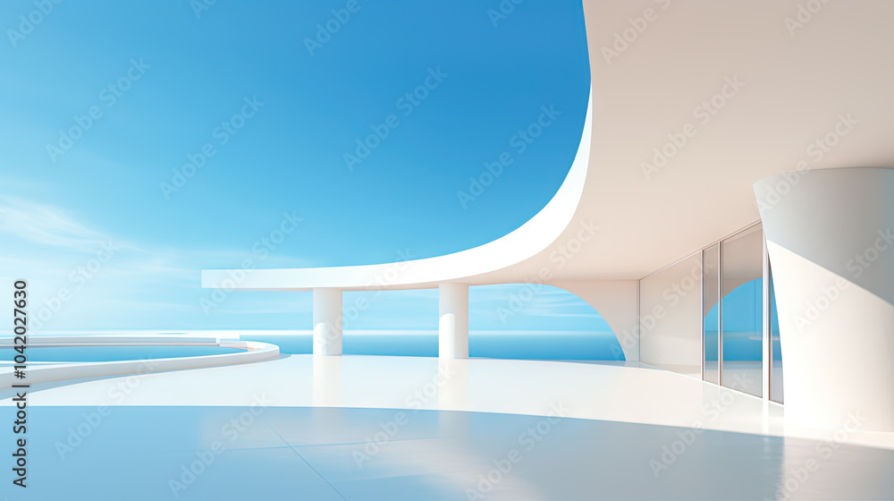 Aufkleber Abstract architecture scene with smooth curves. Abstract background with futuristic building in white and blue colors.