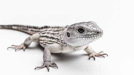 Naklejka premium A white and gray lizard with black stripes on its back, looking to the right, isolated on a white background.