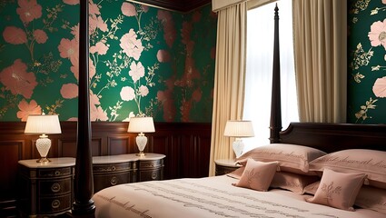 Elegant bedroom featuring vibrant wallpaper and sleek contemporary furnishings