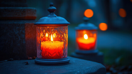 Memorial Lanterns with Candles at a Cemetery