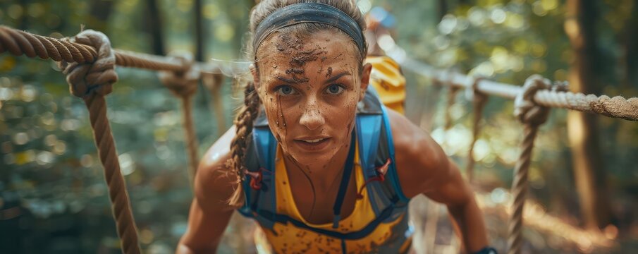 Athletic woman determinedly participating in an obstacle course race, crossing a wooden hurdle.