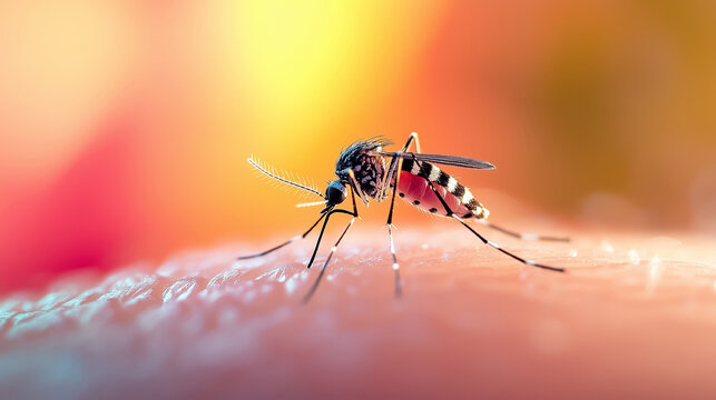 Close-up of a mosquito from the aedes aegypti species feeding on human blood, potentially spreading diseases like dengue, zika, and chikungunya
