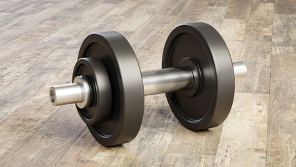 A dumbbell on a hardwood floor