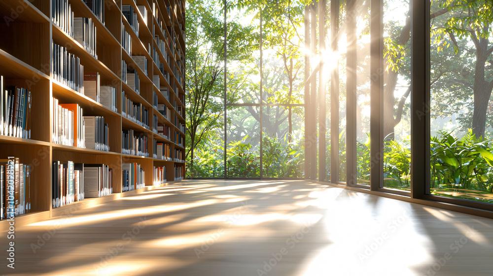 Poster serene library with sunlight streaming through large windows, creating peaceful atmosphere