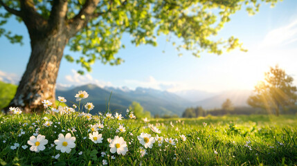 sunlit meadow with blooming wildflowers and majestic tree creates serene atmosphere