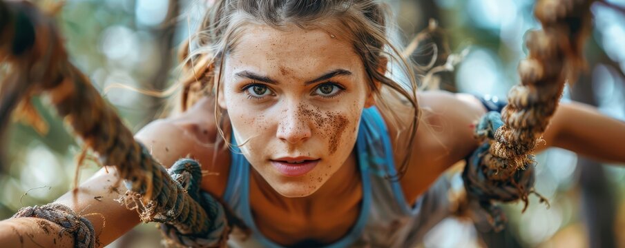 Athletic woman determinedly participating in an obstacle course race, crossing a wooden hurdle. - Powered by Adobe