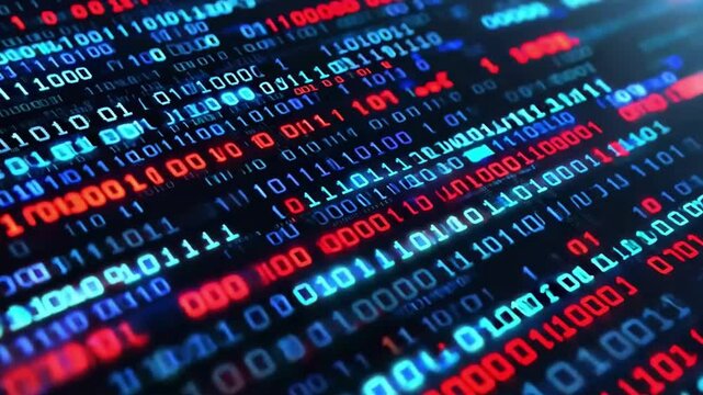Digital Matrix: Abstract binary code streams across a dark background in a mesmerizing display of vibrant red, blue, and white digits.  A captivating visualization of data flow and digital technology.