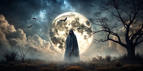 Fototapeta premium Spooky Halloween Black Ghost Silhouette in Eerie Moonlight - Perfect for Halloween Decor and Seasonal Imagery