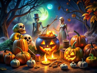 Spooky Halloween Party Invitation with Pumpkins, Cauldron, and Skeletons for a Festive Flyer Design