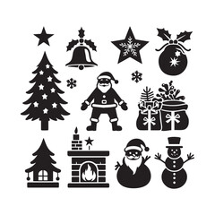 Winter Holiday Icons Set with Santa Claus Snowman and Christmas Tree Silhouettes