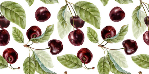 Sweet Cherry fruit with drops and leaves. Red ripe juicy cherry berry. Isolated watercolor seamless pattern. Background for, packaging of goods, cosmetic, textile