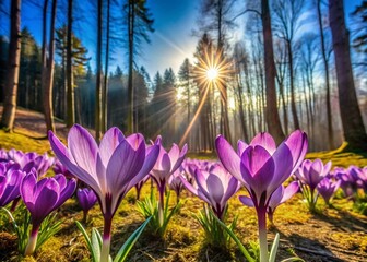 Spring Bloom: Flowering Violet Crocuses in Sunlit Forest
