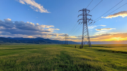 Obraz premium High voltage towers stand tall in vast green field under beautiful sunset