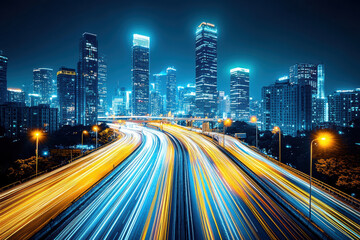 Obraz premium Nighttime cityscape with glowing windows