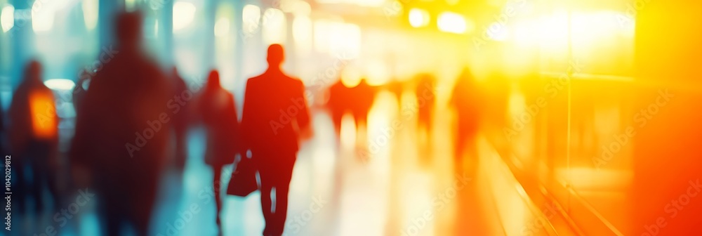 Poster Businessman walks through a busy airport terminal with motion blur, creating a warm atmosphere. Vibrant colors and modern architecture capture the essence of travel and business