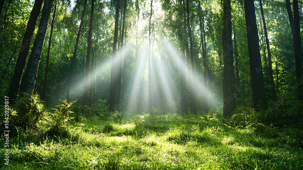 Poster serene forest clearing with sunbeams filtering through trees, creating magical atmosphere