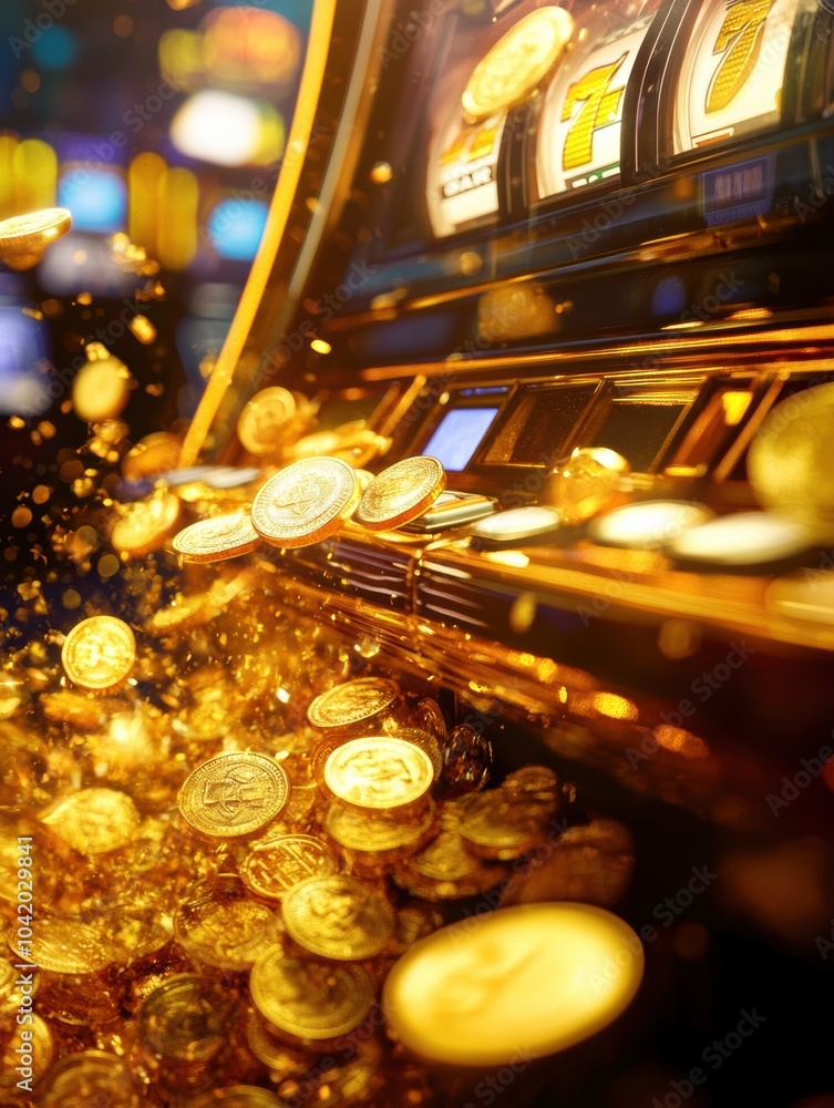 Aufkleber a cascade of shimmering gold coins pours out from a slot machine, creating a lively atmosphere full 