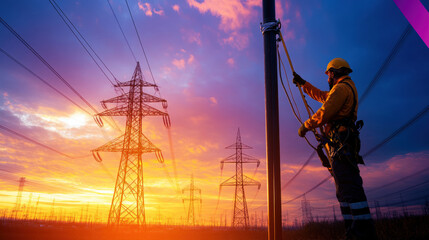 worker in safety harness repairs high voltage power lines at sunset, showcasing dedication and