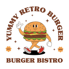 Retro logo mascot with burger. Groovy food mascot for bistro, pub, cafe menu and more.