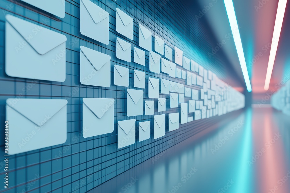 Poster conceptual illustration of email communication in a modern digital environment with glowing lights a