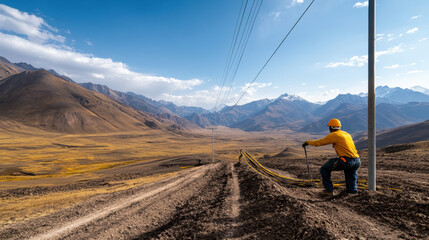 Obraz premium Worker securing new wire in mountainous landscape, showcasing dedication and skill