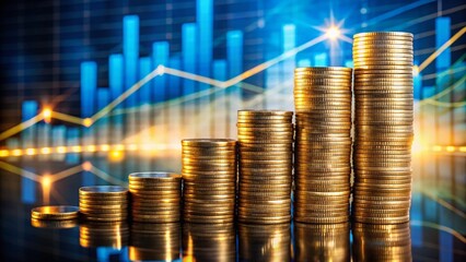 Stacks of Coins on Reflective Surface with Financial Graph Background for Investment and Wealth Management