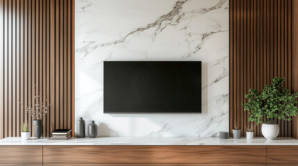 Contemporary living room design featuring a wall-mounted TV, marble accent wall, wooden slats, and minimalist decor with indoor plants.
