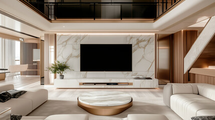 Spacious living room featuring a marble TV wall, elegant modern furniture, and warm wooden elements, showcasing a luxurious and contemporary interior design