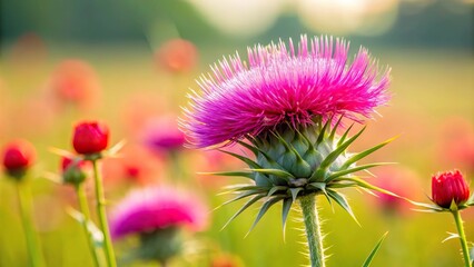 Pink milk thistle flower in a field of grass and poppies