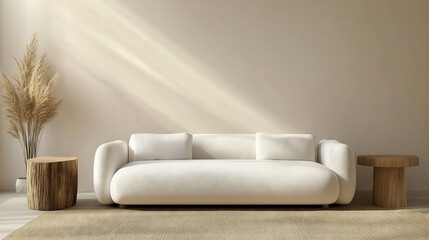 A minimalist living room featuring a modern white sofa, wooden side tables, dried pampas grass, and soft natural sunlight.
