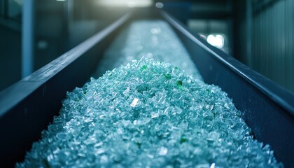A conveyor belt filled with crushed glass pieces glistens under soft lighting in a recycling facility, highlighting the importance of glass recycling.