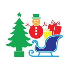Santa Claus with gifts beside a Christmas tree, snowman, and holiday decorations in a cheerful winter scene