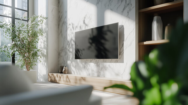 Modern living room with flat screen TV mounted on a marble wall, surrounded by indoor plants and natural sunlight. Contemporary interior design for home and poster. Side angle photograph