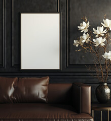 A luxurious interior featuring a leather sofa, a framed mockup against a dark paneled wall, and a floral arrangement in a black vase, highlighting elegance and sophistication