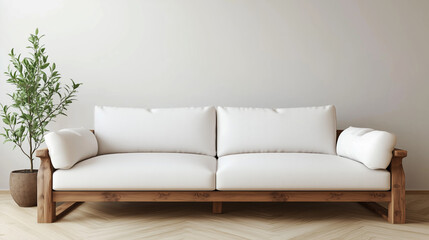 A modern living room featuring a white sofa with a wooden frame, complemented by a potted green plant on a light wooden floor, creating a calm and minimalist aesthetic