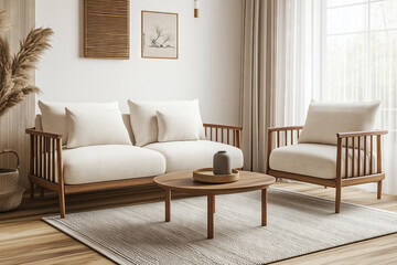 Fototapeta premium A cozy living room featuring a wooden sofa and armchair set with neutral cushions, a round coffee table, and minimalistic decor, creating a serene Scandinavian-inspired space