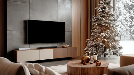 A modern living room decorated for the holiday season, featuring a wall-mounted TV, a snow-covered Christmas tree with warm lights, and festive decor, creating a cozy winter ambiance