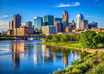 Naklejka premium St Paul City Skyline Over Mississippi River - Iconic Landmarks in Minnesota's Harriet Island Regional Park