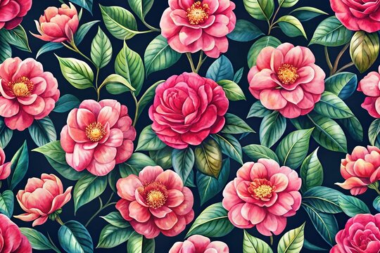 Colorful floral seamless pattern of camellia flowers on dark background watercolor painting