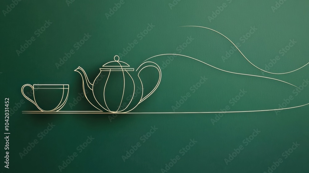 Poster This design features a simplistic line drawing of a teapot with a matching cup, set against a tranquil green backdrop, exuding relaxation. Generative AI