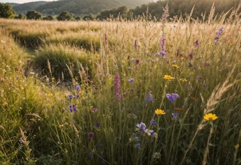 Colorful wildflowers in a vibrant meadow during sunset
