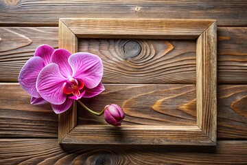 Fototapeta premium Pink orchid on a wooden frame with copy space on a light background