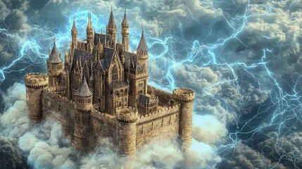 A majestic stone castle hovers in the clouds with lightning flashing around it.