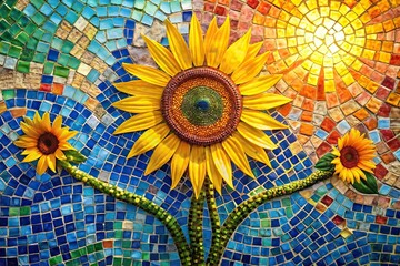Colorful flower mosaic with yellow sun background