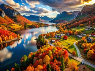 Stunning Aerial Photography of Fall in Norway's Vibrant Landscapes with Colorful Foliage and Majestic Mountains