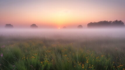 Fototapeta premium A misty sunrise over a field of wildflowers.